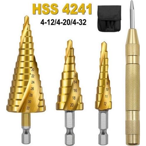 4Pcs HSS Titanium Coated Step Drill Bit Cone Taper Hex High Speed Steel Metal Wood Hole Cutter Cone Drilling Tool 4-12/20/32mm