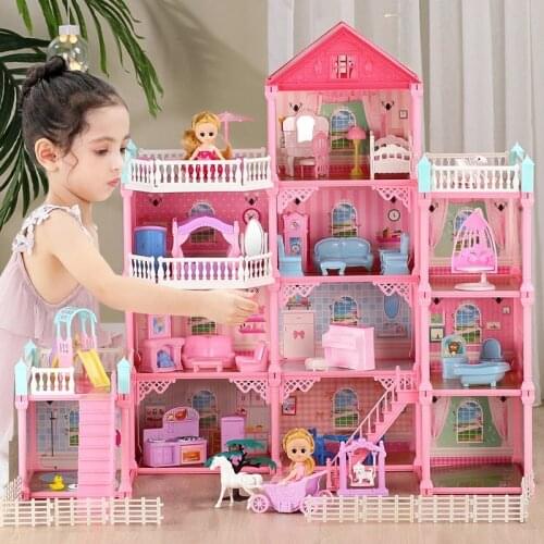 Big Princess Villa DIY Dollhouses Pink Castle Play Room With Figures Kit Assembled Doll House Toys For Girls Children Gifts