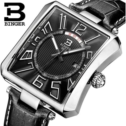Switzerland BINGER Mens Watch Luxury Brand Tonneau Quartz Clock Waterproof leather strap Male Wristwatches B3038-2