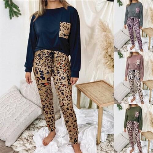 FNOCE Cross-border Foreign Trade Hot Sale Womens casual Home Suit Leopard Print Long-sleeved Trousers Womens two-piece Suit