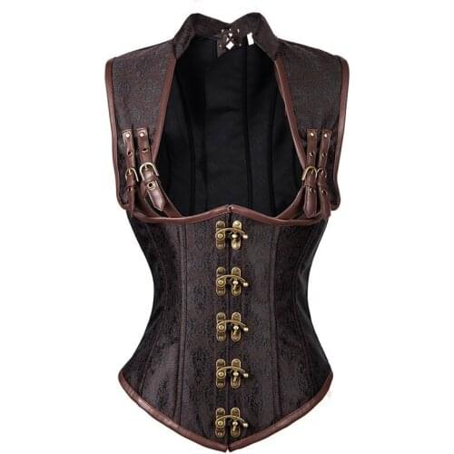 Gothic Jacquard Waist Cincher Vest Corset Underbust Button Lace Back Bustier Corselet