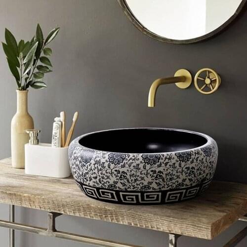 China Artistic Handmade Ceramic wash basin Round Counter top wash basin Painted Ceramic wash basin Bathroom Sinks blue and white