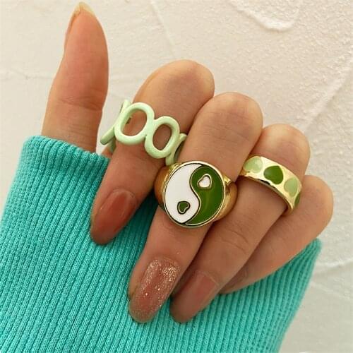 Colorful Green Heart Ring Set Y2K Colorful Ring Wholesale Jewelry Candy Color Hand-painted Knuckle Rings for Women Ins Fashion