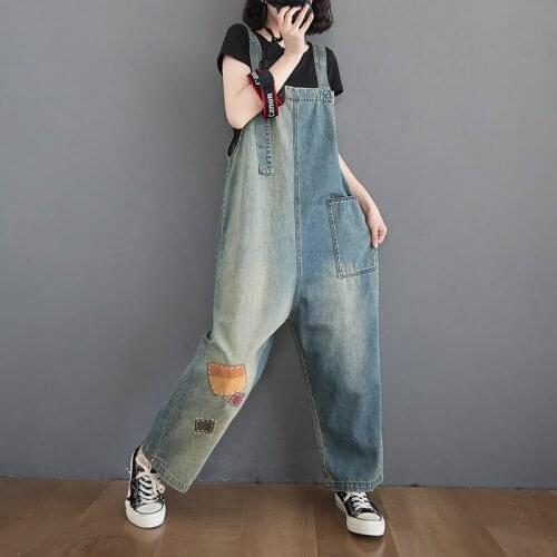 Oversized Rompers Women Jumpsuits Loose Casual Straps Jeans Overalls Vintage Patch Designs Denim Bib Straight Pants Baggy Washed