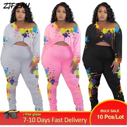 Bulk Items Wholesale Lots Ink Splash Print 2 Piece Set Tracksuit for Women One Shoulder Long Sleeve Loose Top+pleated Trousers