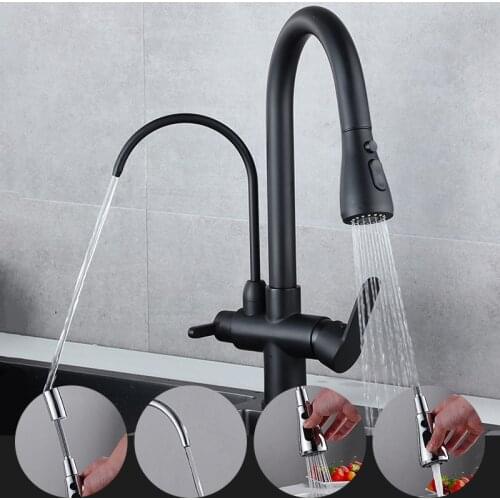 Deck Mounted Black Kitchen Faucets Pull Out Hot Cold Water Filter Tap for Kitchen Three Ways Sink Mixer Kitchen Faucet ELK9139B