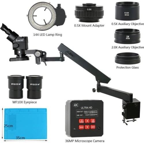 3.5X-90X Zoom Simul Focal Trinocular Stereo Microscope+Industrial 38MP 4K HDMI USB Video Camera+Articulating Arm Pillar Clamp