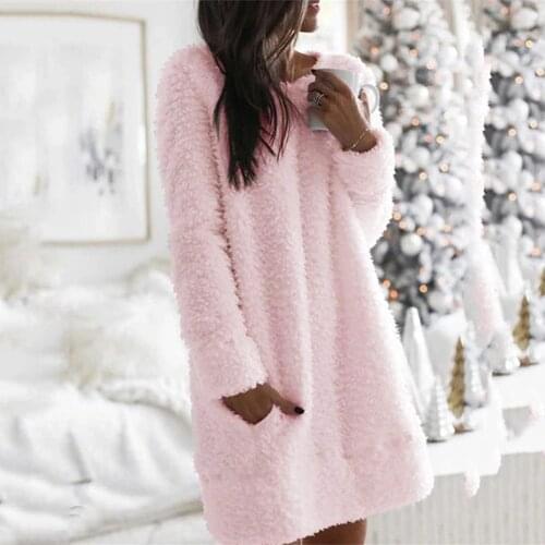 Autumn Long Sleeve Plush Pocket Dress Women Fashion Vintage Winter O Neck Cotton-blend Casual Plush Dresses Dress Ropa Mujer