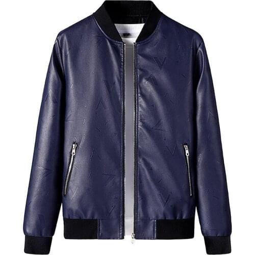 Autumn new men stand collar PU leather Jacket slim fit trend baseball uniform leather young Outerwear Plus Size Long Sleeve Coat