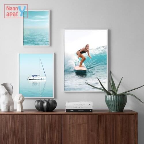Island Coconut Tree Blue Seascape Canvas Painting Surfing Beauty Poster Nordic Home Decoration Wall Art Decorative Printed Pic