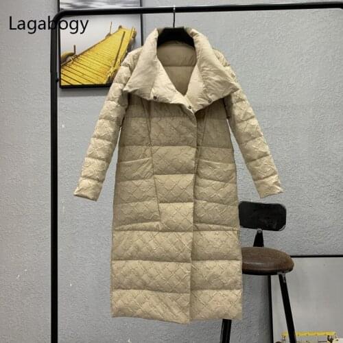 Lagabogy 2021Women Winter Double Sided Long Slim Parka Female 90%White Duck Down Coat Double Breasted Puffer Jacket Snow Outwear