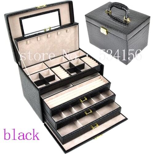 Luxurious big 4 layers black leather jewelry box earrings jewelry display box wedding gifts gift box jewelry organizer