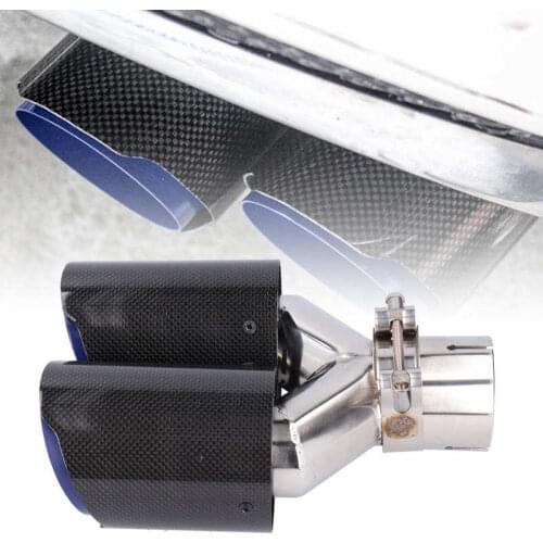 Universal Dual Exhaust Pipe Tip Glossy Carbon Fiber Y-Shape Tail Pipe W/Clamp Stainless Steel Exhaust Tip Connector