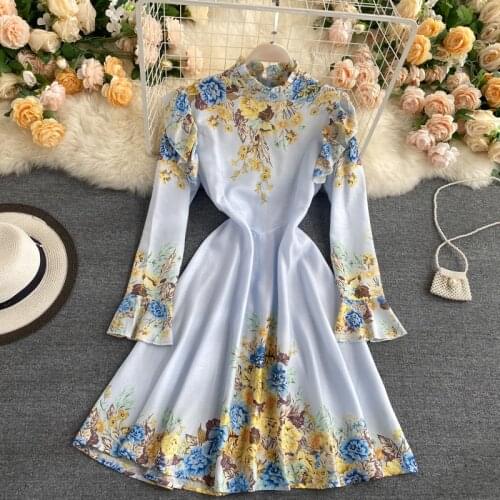 Women Fashion Print Trumpet Sleeve Dress 2021 Spring Vintage Blue Floral Ruffle Princess Gentle Wind Chic Female Midi Dress