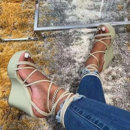 2021 Summer Shoes Woman Platform Wedges Heel Soft Leather Casual Sandals Cross Lace Up Women with 36-43 Gladiator Peep Toe