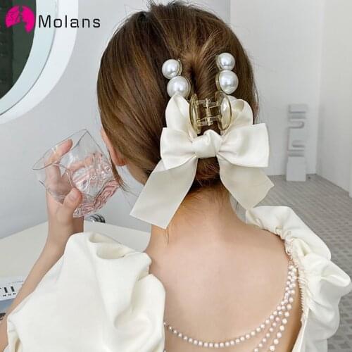 Molans Bow Acrylic Hair Claws Pearl Claw Clips For Woman Large Size Barrette Crab Ponytail Holder Fashion Hair Accessories Gifts