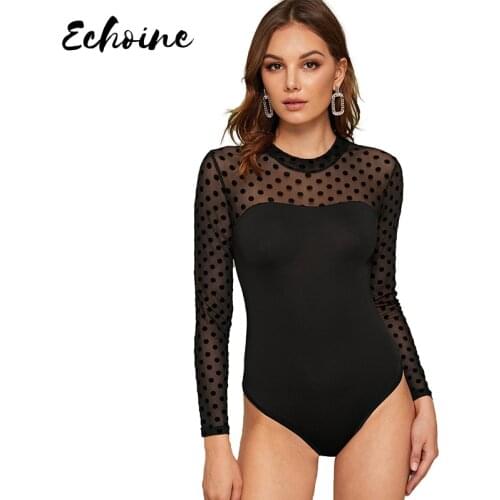 Sexy Women Black Dot O Neck Long Sleeve Bodycon Bodysuit Autumn Spring Basic Black Overalls Women Body Top Warm Slim Clothes XL