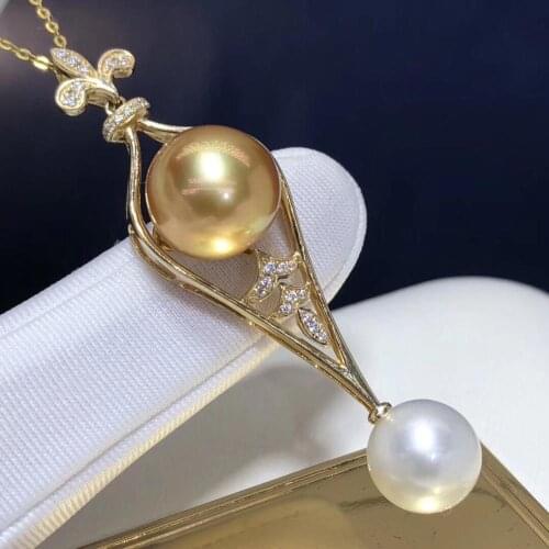 Fine Jewelry 18K Yellow Gold Natural Ocean Golden Akoya Japan Pearl 11-12mm Pendant Necklaces for Women FIne Pearls Pendants