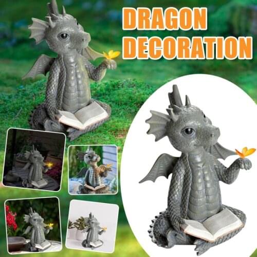 1pc Little Dragon Dinosaur Meditation Reading Book Sculpture Figure Garden Home Decor Resin Ornament Outdoor Yard Decoration