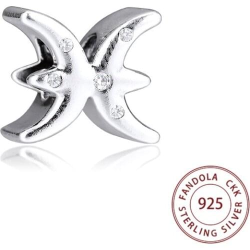 100% Real 925 Sterling Silver Sparkling Pisces Zodiac Charms Beads Fits Pandora Bracelet Argent DIY Jewelry Making