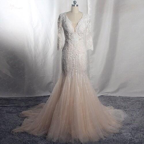 RSW1648 Real Pictures Elegant V Neck Vestido De Novia De Encaje De Sirena De Manga Larga V Backless Blush Pink Wedding Dress