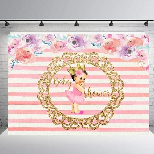 BEIPOTO Baby shower backdrop princess girl party decoration pink flower stripes golden background cake table banner booth B375
