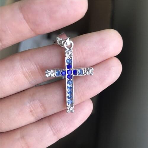 Hip Hop Religious Cross Necklace Blue Crystal Cross Pendant Necklace For Men Women Kids Fashion Necklace Christmas Gift