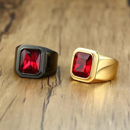 Vantage Black Stainless Steel Mens Signet Ring Square Red Zircon Stone Party Brands Fashion Male Classic Jewelry