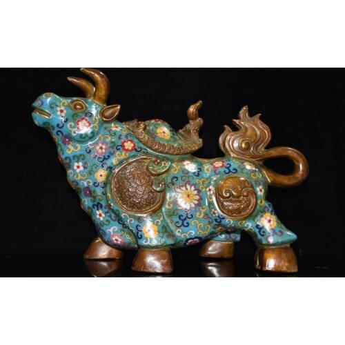 Tibet Temple Collection Old Bronze Cloisonne Enamel Bullfight Zodiac Bull Statue Lucky Bull market Office Ornaments Town House