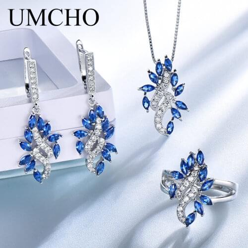 UMCHO Elegant 925 Sterling Silver Pendants Necklace Rings Earrings Sapphire Wedding Jewelry Sets For Women Wedding Gift