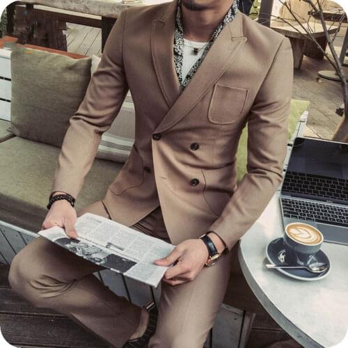 Brown Double-breasted Suit Mens 2020 Wedding Suits Custom Made Groom Tuxedos Slim Fit Business Suit 2 Piece Set(Jacket+Pants)