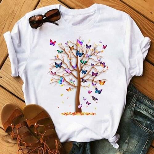 Fashion Women Butterfly Tree Print Harajuku Summer Tshirts Casual Round Neck Short Sleeve Female Top Tee Shirt,Drop Ship