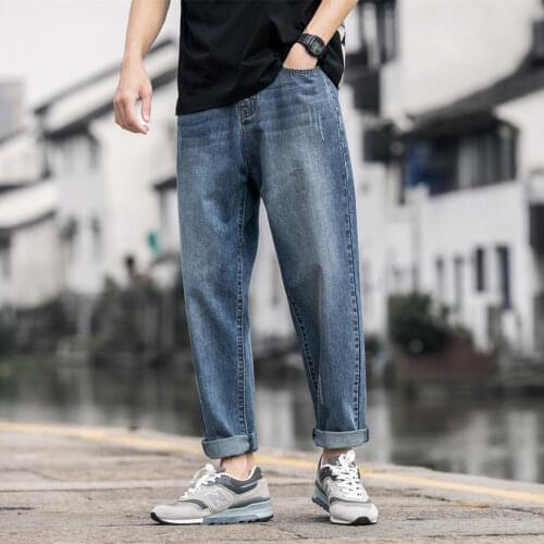 2021 Jeans mens ninth pants vintage loose-fitting straight work pants tide brand broad-legged Harlan Fashion Boys blue jeans
