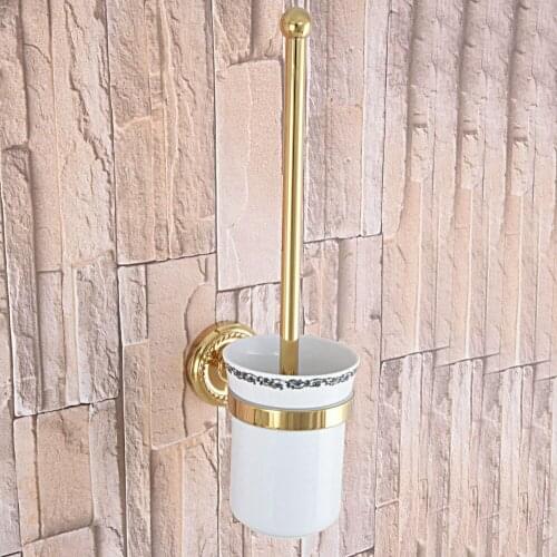 Wall Mounted Luxury Gold Color Brass Bathroom Toilet Brush Holder Set Bathroom Accessory Single Ceramic Cup mba594