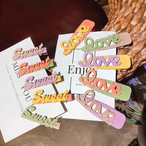 2020 New Candy Color Hair Clip Fashion Sweet Handmade Lady Headdress Acrylic Letter Bangs Hair Clip Holiday Party Gift