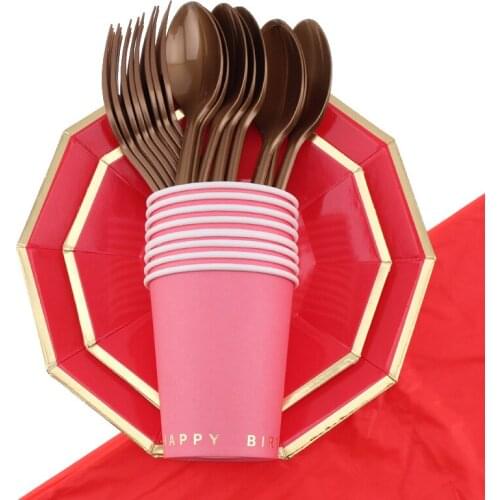 45Pc/Set Red Birthday Bronzing Theme Disposable Tableware Birthday Decoration Baby Shower Plates Forks Tablecloth Party Supplies