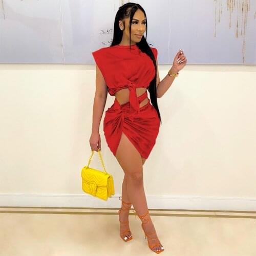 Solid Women 2 Piece Skirt Set Sleeveless Loose Crop Top & Ruched Side Split Mini Skirt Summer Midnight Clubwear Party Tracksuit