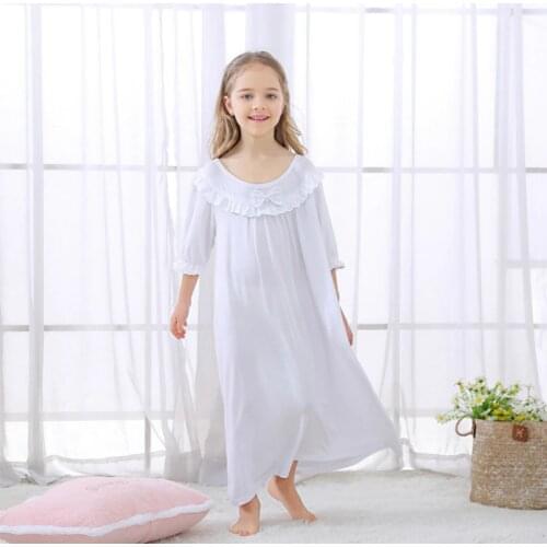 Girls Autumn Cotton Children Nightwear Pajama Dress Girl White Bow Long Sleeve Nightdress For Girls Sweet Home Wear Nightdress