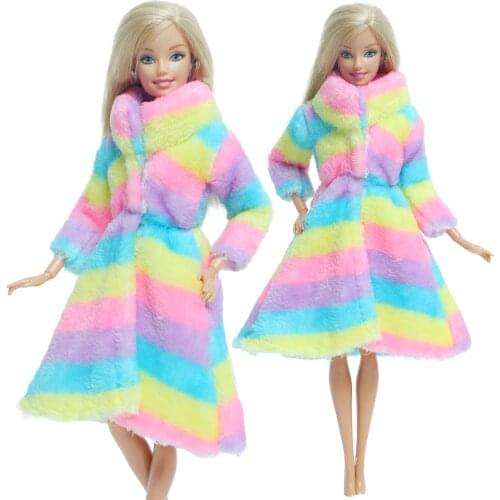 Handmade Doll Dress Rainbow Color Long Sleeve Soft Fur Coat Winter Casual Wear Clothes for Barbie Doll Accessories 12'' Kids Toy