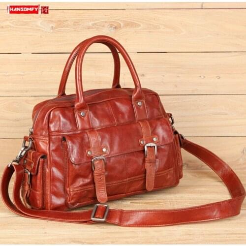 Leather Bag Mens Handbag Men Briefcase Genuine Leather Laptop Bag Shoulder Travel Bags Oil Wax Cowhide Large Capacity Business