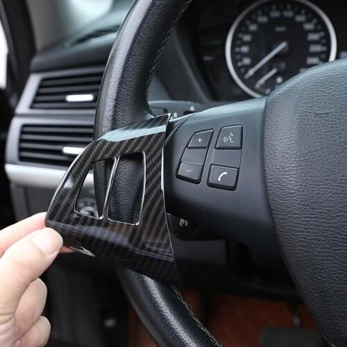 2pcs Carbon Fiber Style ABS Plastic Stickers Steering Wheel Button Frame Trim for BMW X5 E70 2008-2013 Models Accessories
