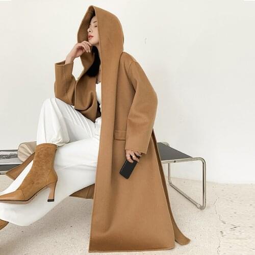 Thickened hooded wool coat womens long coat fashion warm coat in autumn and winter