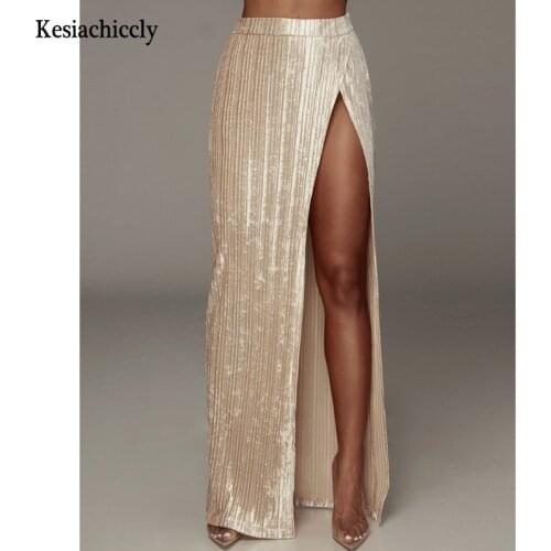 Kesiachiccly Spring Summer 2021 Fashion Skirt High Waist Velvet Pleated Skirt Women High Split Solid Elastic Waist Skirt Female