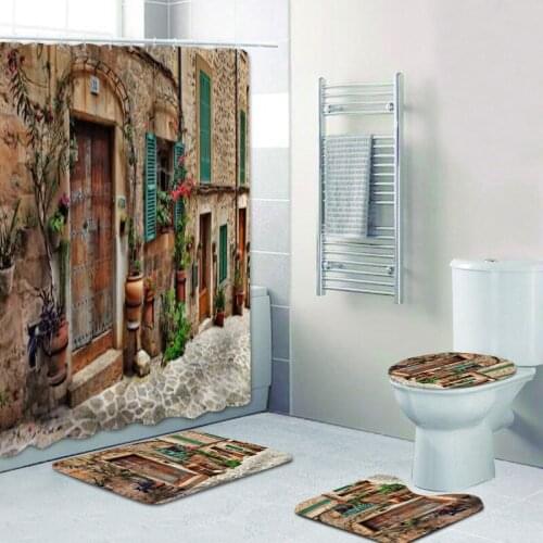 3D Old Country Streets Alley Shower Curtains Bathroom Curtain Set Waterproof Bath Curtains and Mats Rugs for Toilet Home Decor