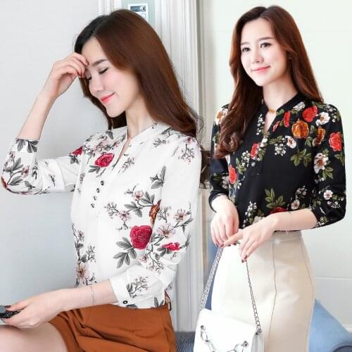 Women Chiffon Blouse Spring Autumn Loose Long Sleeves V Collar Shirts Clothes Female Print New Sweet Casual Fashion Tops H9042