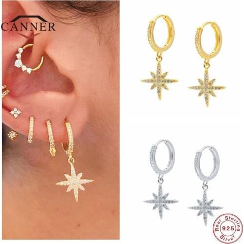 CANNER Diamond Octagonal Star 925 Sterling Silver Hoop Earrings for Women Piercing Earring Earings Ear Buckle Jewelry Pendientes