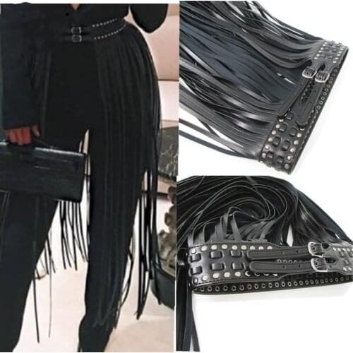 Women black leather PU wide belt for dress and jeans trouser chic punk tassel waistband adjustable rivets wide belt
