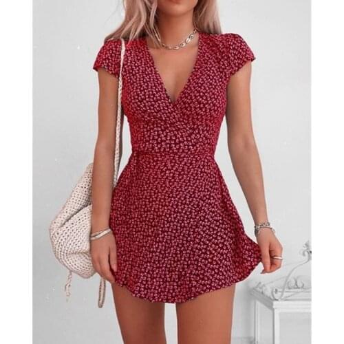Floral Print Mini Dress for Women Short Sleeve Sexy V-neck Dresses Ladies High Waist Fashion Vestido Summer High Street 2021