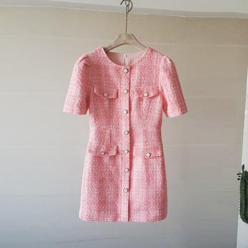2021 Summer Autumn Pink Puff Sleeve New French Tweed Dress Womens Drill Buckle Weave Woolen Dresses