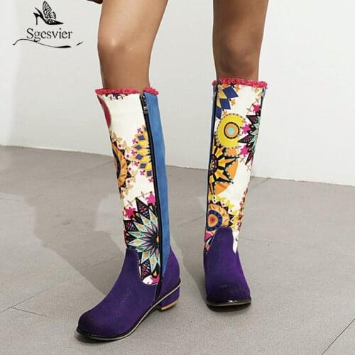 Sgesvier Winter Warm Knee high boots Round toe Chunky heels PU Prints Zipper Big size 34-48 Green Purple Yellow Casual Date